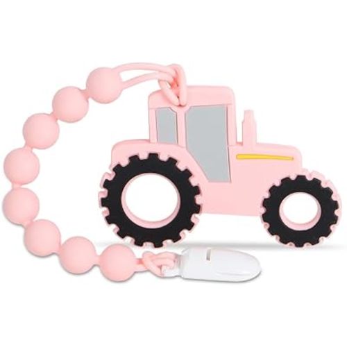 Baby Food Grade Silicone Pink Tractor Teething Toys with Pacifier Clip