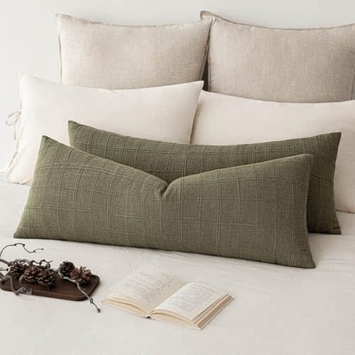 Foindtower Set of 2 Decorative Linen Check Throw Pillow Covers Neutral Long Body Lumbar Cushion Covers Farmhouse Vintage Boho Home Decor for Sofa Chair Couch Bedroom Living Room,1436 Inch,Sage Green