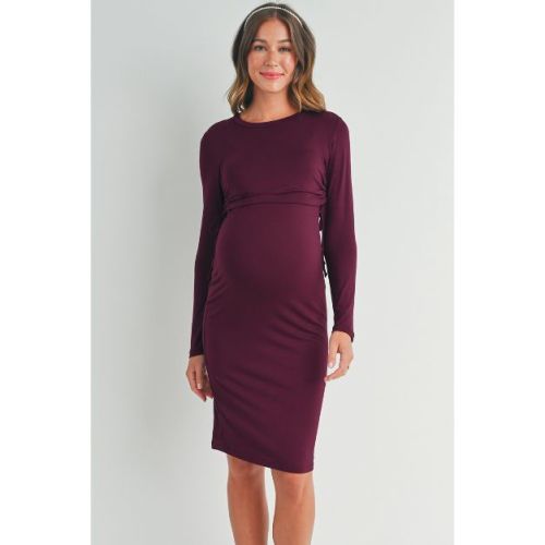 Hello Miz Women's Bodycon Long Sleeve Side Ties Maternity Nursing Friendly Dress - Burgundy - Medium