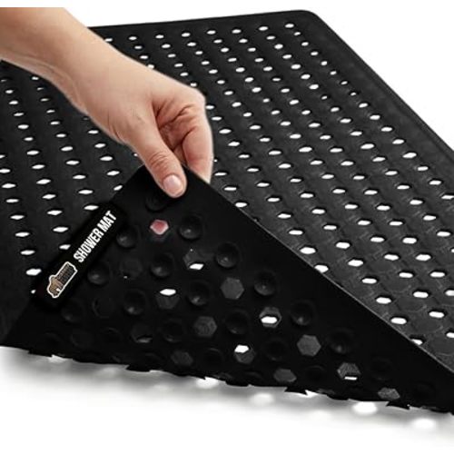 GORILLA GRIP Patented Bath Tub Shower Mat, Machine Washable Bathtub Floor Liner Mats, Suction Cups and Drain Holes to Keep Tubs Clean, Soft on Feet, Bathroom Essentials, 35x16 Inch, Black