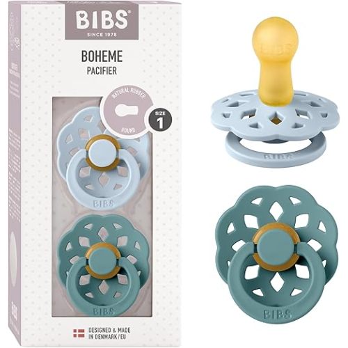 BIBS Boheme Soother 2-Pack. BPA Free Dummy Pacifier, Symmetrical Nipple. Natural Rubber Latex, Made in Denmark. 0-6 Months (Pack of 2), Baby Blue/Island Sea