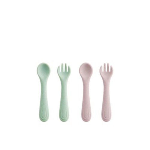 Bc Babycare Tiny Grip Silicone Fork and Spoon Green+Pink Toddler Utensils