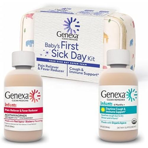 Genexa Baby’s First Sick Day Kit, 2-Pack Gift Set – Infant Pain Relief & Fever Reducer with Organic Baby Cough Syrup & Immune Support, Dye-Free Baby Health Essentials for Infants & Toddlers