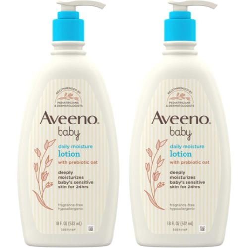 Aveeno Baby Daily Moisture Body Lotion for Sensitive Skin, Hypoallergenic Moisturizing Baby Lotion with Nourishing Oat to Deeply Moisturize Baby's Skin, Fragrance-Free, 18 fl. oz, 2 Pack