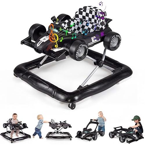 BABY JOY 4-in-1 Baby Walker, Foldable Activity Walker with Push Mode, Adjustable Height, Lights, Anti-Rollover, Baby Walker with Wheels for Boys Girls 6-18 Months (Black)