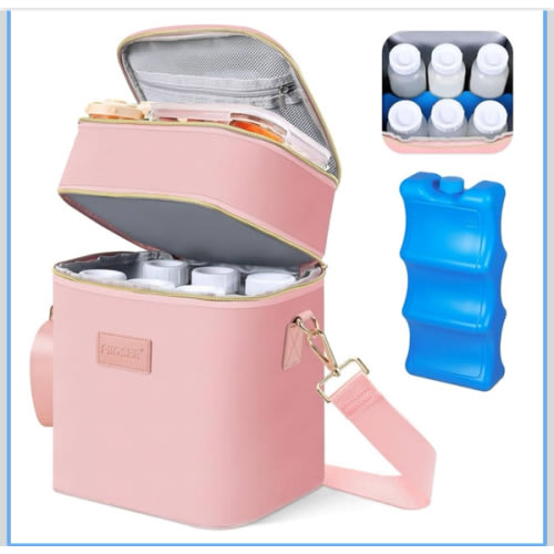 PIIOSER Breastmilk Cooler Bag with Ice Pack Fits 6 Baby Bottles Up to 9 Ounce, Insulated Baby Bottle Tote Bags, Double Layer Waterproof Leak-Proof with Shoulder Strap for Nursing & Working Mom (Pink)