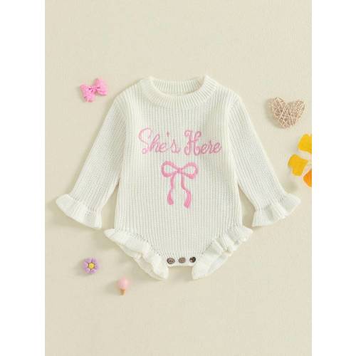 Baby Girl Fall Winter Clothes Newborn She's Here Bow Embroidery Knit Sweater Romper Warm Casual Bodysuit Outfit | SHEIN USA