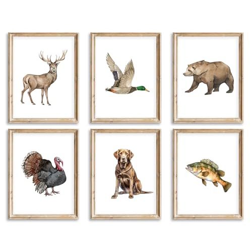 Hunting Animal Nursery Wall Art Baby Boy Room Canvas Wall Decor Vintage Woodland Animal Poster Mallard Duck Deer Bear Turkey Fish Hunting Dog Prints Artwork for Kids Bedroom 8x10x6 In Unframed