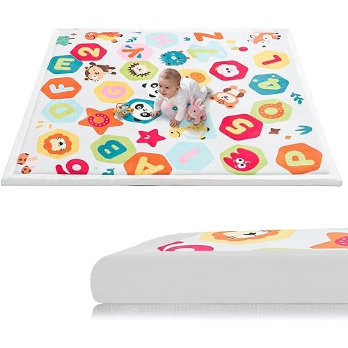 Baby Play Mat for Floor, 71'' x 59'' Thicken Foam Soft Padded Playmat for Tummy Time, Playpen Mat for Toddlers Infant Kids, Water-Repellent Coral Velvet, Non-Slip Bottom Safe for Crawling (Animal)