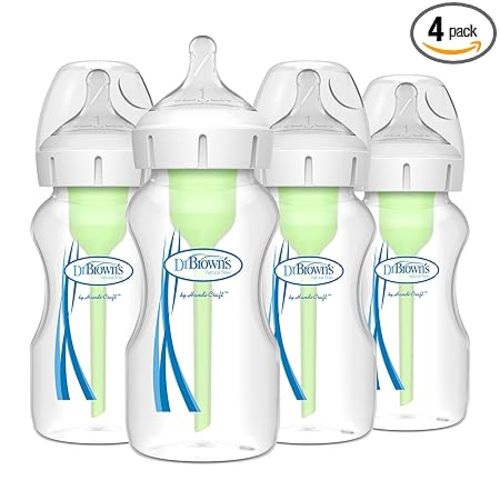Dr. Brown's Natural Flow Anti-Colic Options+ Wide-Neck Baby Bottles 9 oz/270 mL, with Level 1 Slow Flow Nipple, 4 Count, 0m+