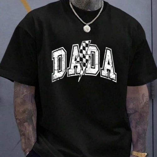 100% Cotton Dada Lightning Bolt Checkered Varsity Dad Men Father's Day T-Shirt, Printed Graphic Tee For Men, Summer Casual Short Sleeved Men's Tops T-Shirt | SHEIN USA