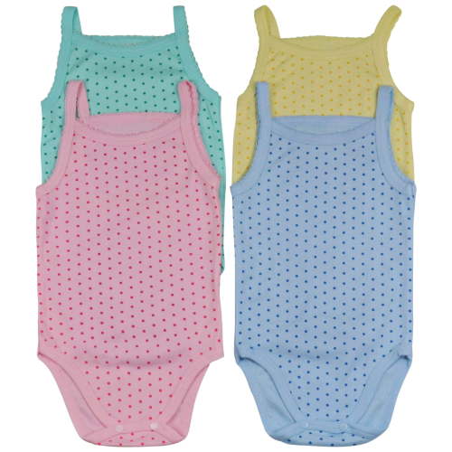ToBeInStyle Girls' Pack of 4 Ultra-Soft Cotton Spaghetti Strap Baby Bodysuits w/ Ruffle Trim - Pastel Dots - 6-9 Months Old