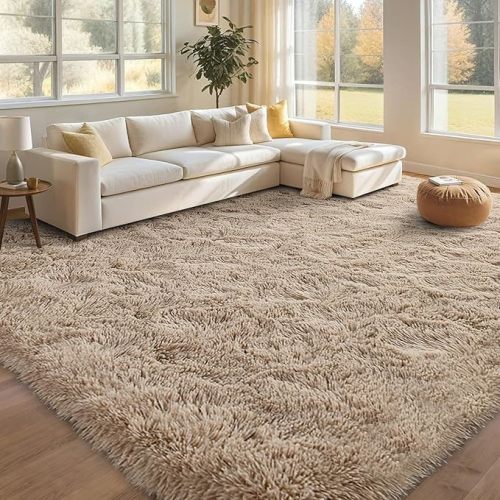 8x10 Rug for Bedroom, Tan Fluffy Plush Area Rug, Non-Slip High Pile Shaggy Rug for Kids Room Dorm Room Home Decor, Indoor Solid Shag Floor Carpet