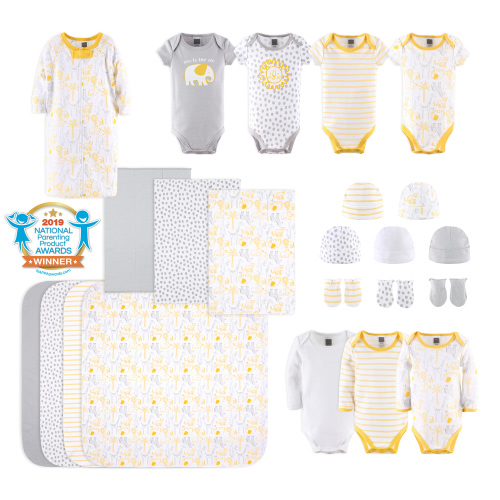 The Peanutshell Newborn Layette Gift Set for Baby Boys or Girls, Yellow Safari, 23 Essential Pieces, 0-3 Months