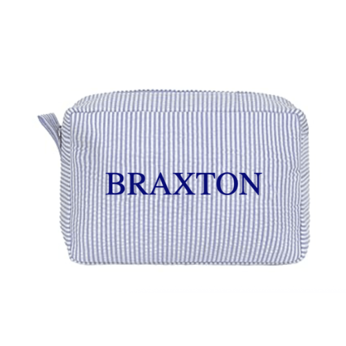 MT WORLD Cosmetic Bag Personalized Makeup Bag Seersucker Preppy Bridesmaid Makeup Bag Aesthetic Cute Women Toiletry Bag Girls Handbags Purses (Blue)