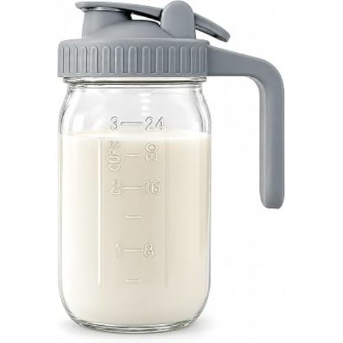 32 oz Breast Milk Pitcher, Glass Mason Jar Pitcher with Lid | Airtight, Leak Proof, Wide Mouth, Pour Spout Lid, Thick Glass, Fridge Safe, Ergonomic Handle, Easy to Clean