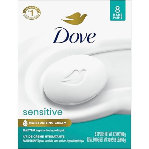 Dove Beauty Bar Soap Sensitive, 8 Bars for Sensitive Skin, Fragrance Free and Hypoallergenic 3.75 oz