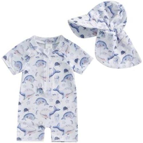 Toddler Infant Baby Boy 4th of July Swimsuit Newborn Rash Guard Boys Girls One Piece Zipper Bathing Suit Swimwear with Hat