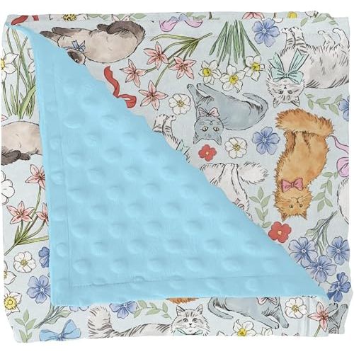 Colorful Cats Boho Floral Baby Blankets for Girl Boy Cute Kitten Bows Flowers Soft Mink Dotted Backing Double Layer Swaddle Receiving Blanket Toddler Cat Lovers Gift Nursery Bed Blanket 30x40 Blue