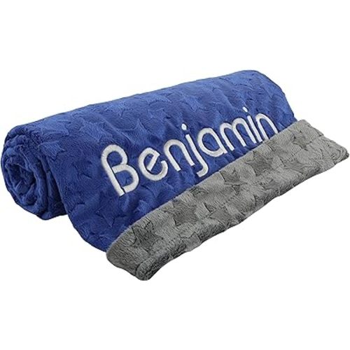 berry bebe Baby Boy Gifts, Personalized Baby Blanket for Boy, Custom Name Blankets Plush Mink Material with Star Design, Blue and Gray