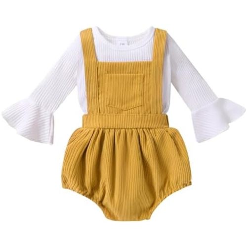 Tiny Cutey Newborn Baby Girl Clothes Bell Sleeve Romper and Corduroy Overalls Shorts Infant Girl Fall Outfits