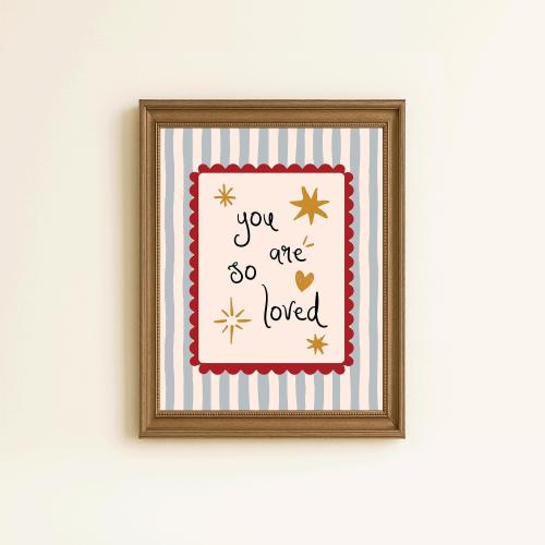 You Are So Loved Nursery Print, Blue Striped Baby Room Wall Art, Whimsical Kids Bedroom Quote Art, Children Playroom Decor, Digital Download