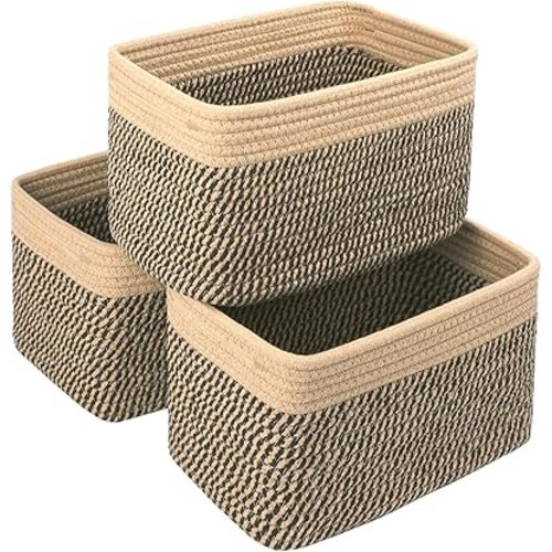 R RUNKA Small Cotton Rope Basket – Storage Bin for Organizing (10.6" x 6.7" x 6.7"), Bathroom Storage Basket for Shelf, Counter & Closet(Camel & Mixed Black)