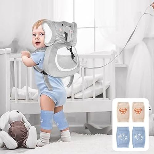 Baby Backpack Walker Protection, Toddler Head Protector Backpack Adjustable 270° Three-Sided Protection Breathable Design with Knee Pads & Safety Rope, 6-12 Month Baby(Elephant)