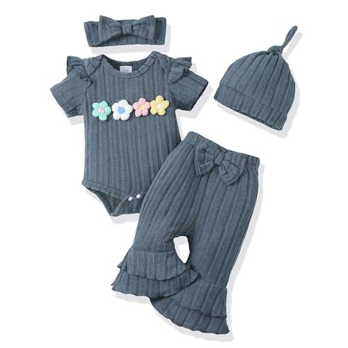 Renotemy Preemie Newborn Baby Girl Clothes Infant Short Sleeve Romper Summer Outfits Gifts for Girls Bell Bottoms Pants Set