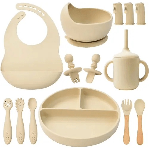 LITTLE RAWR Silicone Baby Feeding Set 14 Pcs,Baby Led Weaning Supplies, Baby Spoons Suction Bowl Divided Plate Bib Cup Finger Brush,First Stage Solid Food Eating Utensils - 6+ Months(Beige)