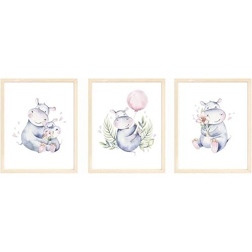 Nistio® Hippo Nursery Wall Art, Hippopotamus Baby Room Poster, Cute Family Nursery Wall Art, Play Room Decoration, Nursery Room Decor, Hippo Family Print Set, Unframed, Set of 3 Prints, 8x10"