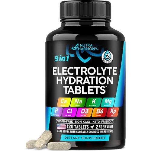 Electrolytes - Electrolyte Tablets with Magnesium, Sodium, Potassium, Chloride, Vitamins D3 & B6, Kelp Powder - Salt Pills - Made in USA - Oral Tablets as Capsules - Vegan & Keto Friendly - 120 Tabs