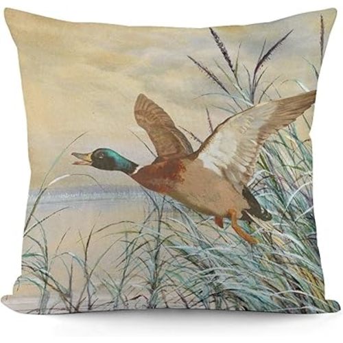 Mallard Duck Flying Out Reed Painting Luxury Velvet Pillow Cover 18x18 Inch Decorative Cushion Cases Soft Comfortable Perfect for Sofa Bed and Home Decor