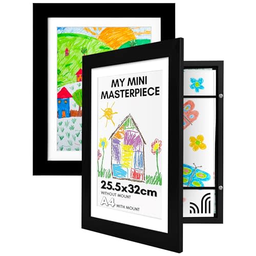 Americanflat - 2 Pack - Kids Artwork Frame Changeable (Black) - Magnetic Door Holds 100 Art Pieces - 8.5x11 Letter Size Display with Mat or 10x12.5 Without Mat - My Mini Masterpiece