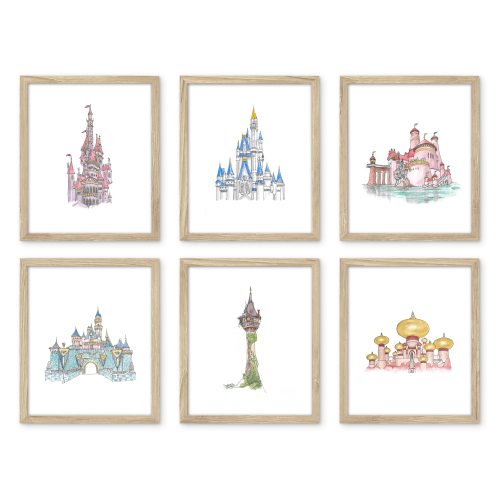 Baby Girl Nursery Wall ART, Princess Castle PRINT Set of 6, Baby Girl Nursery Decor