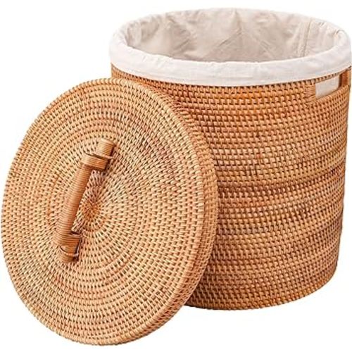 LALASUN Rattan Laundry Hamper With Lid, 70L Round Wicker Large Hampers For Laundry With Removable Liner Bag and Handles for Organizing Clothes Kids Toys Books (15.7" L×15.7"W×17.3"H）