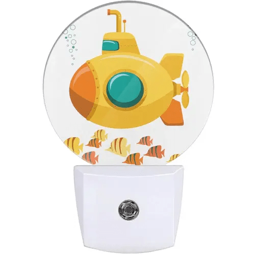 Yellow Submarine Night Light Yellow Ship Underwater Undersea Fishes Night Lights Plug into Wall with Dusk-to-Dawn Sensor, Ocean Sea Beach Themed Boys' Room Decor