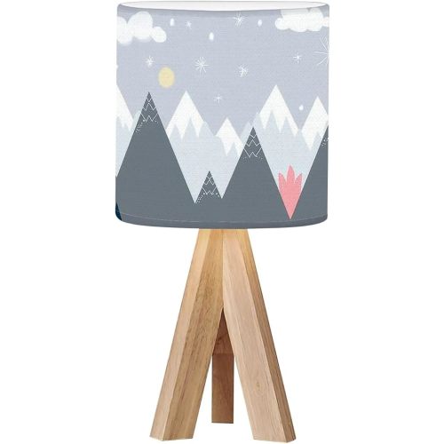Tripod Bedside Desk Table Lamp Mountain Landscape Childrens Mountainscape Childrens Wood Nightstand Lamp with Linen Fabric Shade for Nursery Bedroom Living Room Kids Room