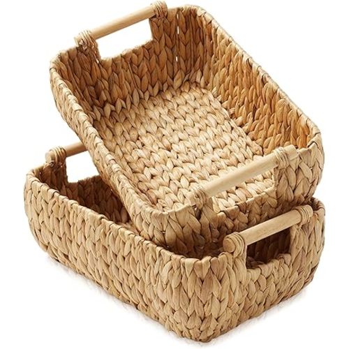 Casafield Set of 2 Water Hyacinth Oval Storage Baskets with Wooden Handles - Medium, Woven Bin Organizers