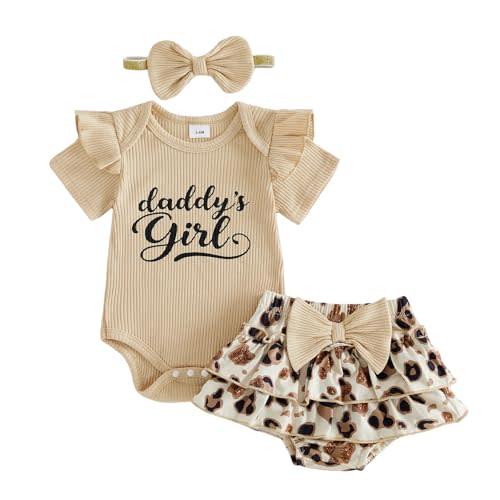 fhutpw Newborn Baby Girl Clothes Ribbed Sleeve Romper Top Leopard Ruffle Shorts Bow Headband Infant Summer Outfits 0-18M