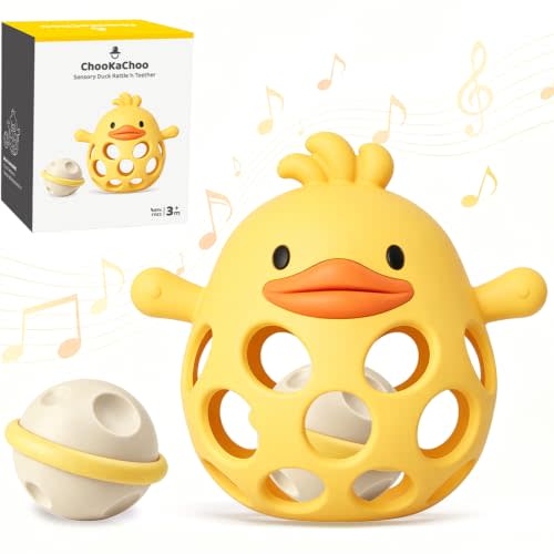ChooKaChoo 2-in-1 Baby Teething Rattle Toy, Sensory Grasping Teether for Infants 3-12 Months, 100% Food-Grade Silicone, Easy to Hold, Soothing & Developmental, BPA Free (Duckie)