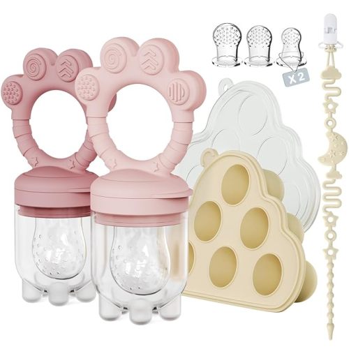 2 Pack Baby Fruit Food Feeder+Breastmilk Popsicle Molds,Baby Teethers,BPA Free,2mm Fine Holes to Prevent Choking,Perfect for Teething Relief & Infant Solid Food Introduction,3M+(Mauve Pink, Soft Pink)