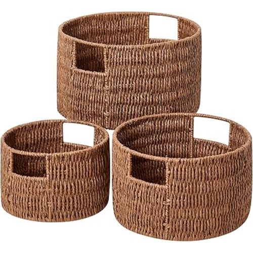 Wicker Storage Basket, Hand-Woven Paper Rope Large Round Woven Basket With Handles, Wicker Baskets for Organizing/Storage, Brown, 3-Pack