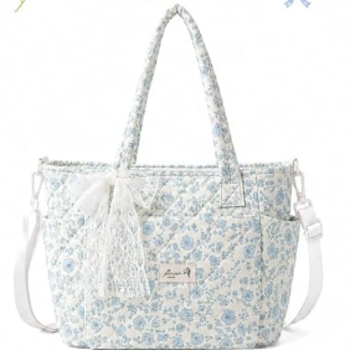 Quilted Lunch Box for Women,Insulated Lunch Tote Bag for Women for Work, Coquette Large Capacity Lunch Tote with Shoulder Straps, Elegant Lunch Purse (Blue Floral, M)
