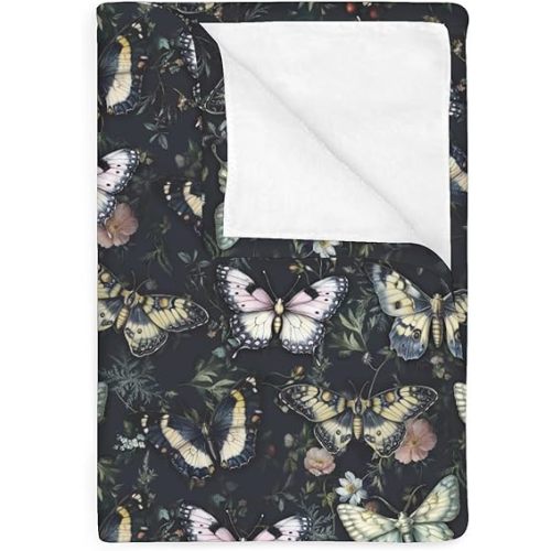 Gothic Moth Black Floral Baby Blankets for Boy Girl Butterflies Dark Flowers Leaves Soft Flannel Receiving Swaddle Blanket for Infant Toddler Crib Witch Garden Nursery Bed Blankets 50x60