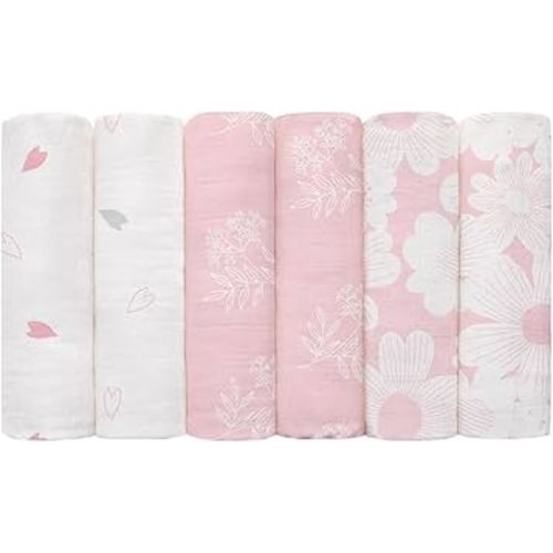 GLLQUEN BABY Receiving Blanket Boy Cotton Muslin Swaddle Blankets Girl Newborn Squares Breathable & Soft Thin Baby Blankets Cloths Double Absorbent Infant Swaddling Wrap - 6 Pack (Rosebud)
