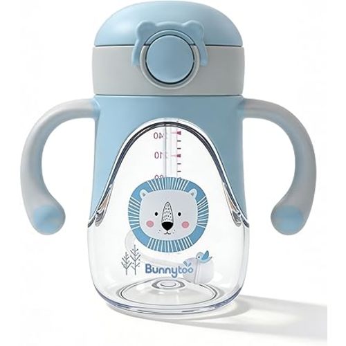 Bunnytoo Baby Sippy Cup with Weighted Straw for Infants 6-12 Months, 8oz Toddler Drinking with Handles, BPA-Free, Transition Trainer for 1+ Year Old (Blue)