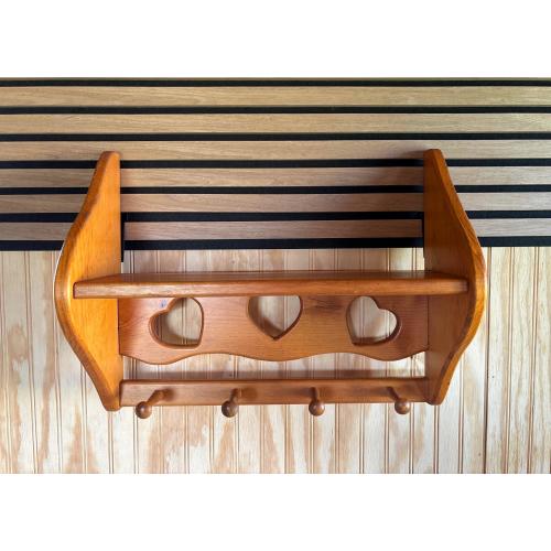 Vintage Pine Wall Shelf Heart Cutouts Plate Rail Pegs Country Cottagecore Wooden Rack 19 In