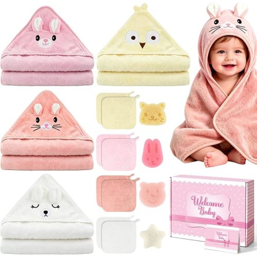 16 PCS Baby Bath Towels for Infants Toddlers, Absorbent Hooded Baby Towels | Wash and Dry Easily, Soft and Comfortable Baby Towels, Cute Animal Hooded, Newborn Gifts for Boys & Girls, 31x31 Inch