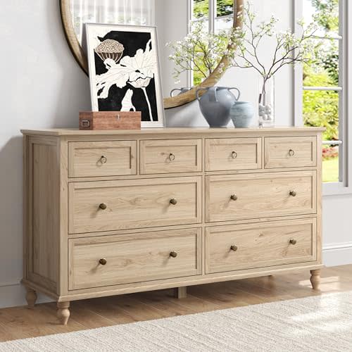 chartustriable 65inch Large Long Drawer Dresser w/Deep Drawers,Rustic Wood 8 Drawer Dresser with Large Capacity for Living Room,Wooden Chest of Drawers for Bedroom,Living Room,Entryway,Oak